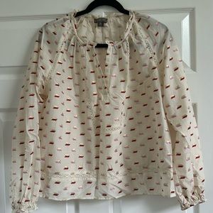J Crew Point Sur Ruffle-Neck Popover Metallic Clip-Dot Blouse Ivory Guava NEW